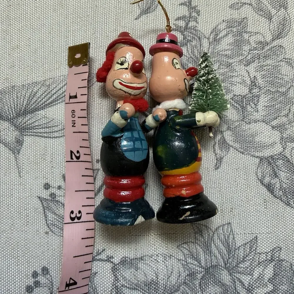Vintage Clown Christmas Ornaments Retro Kitschy 60s 70s Hand Painted Wooden